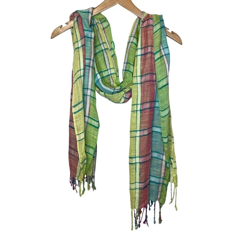 Multicolor Pastel Plaid Cottage Core Light Weight Gauzy Scarf Shawl